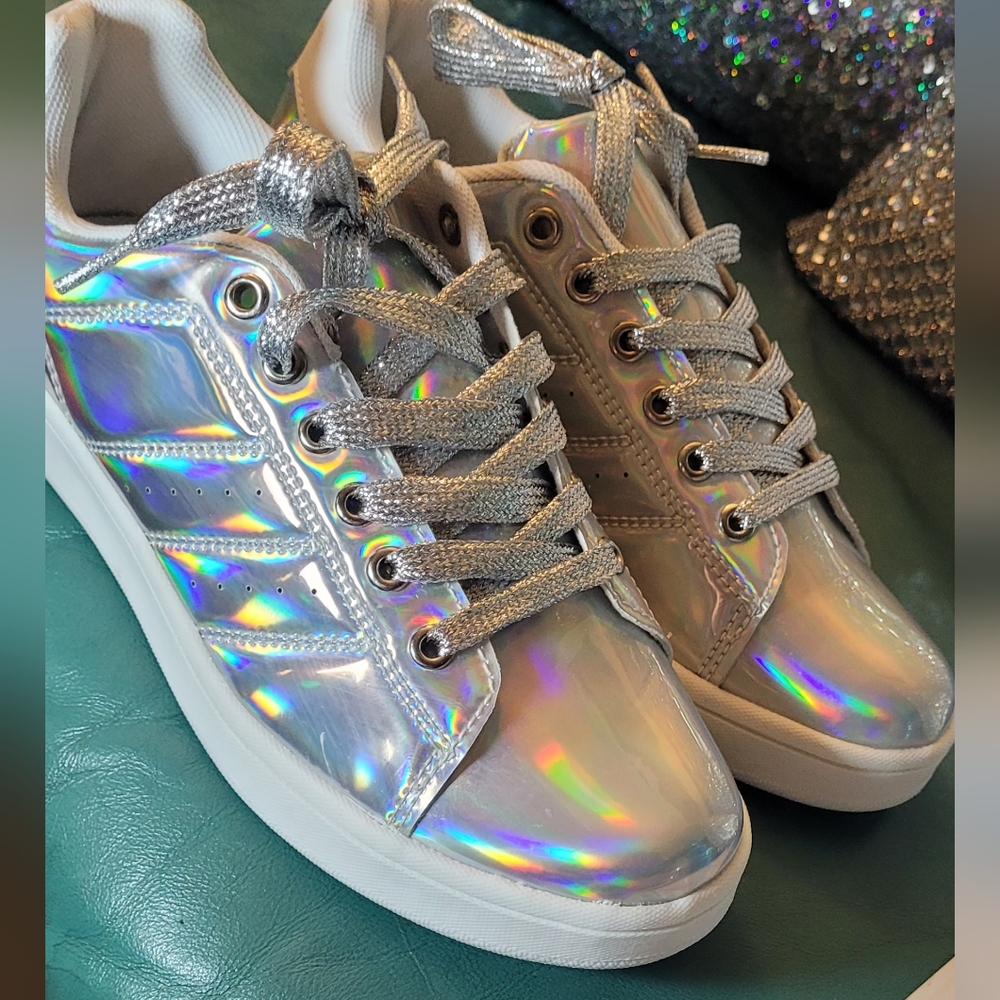 Silver Holographic Sneakers with Silver lurex Laces, never worn, 5/38